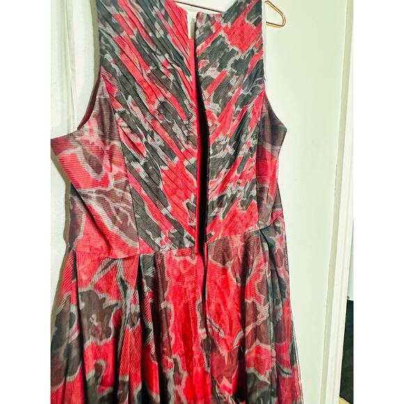 HALSTON Black Red Cherry Floral Print Sheer Sleeveless Tulle Full Skirt Dress 10 - Picture 5 of 9